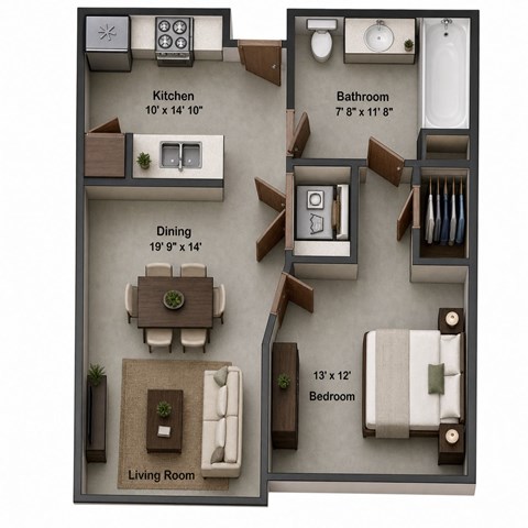 Floor plan for 1 bed, 1 bath, 745 sqft